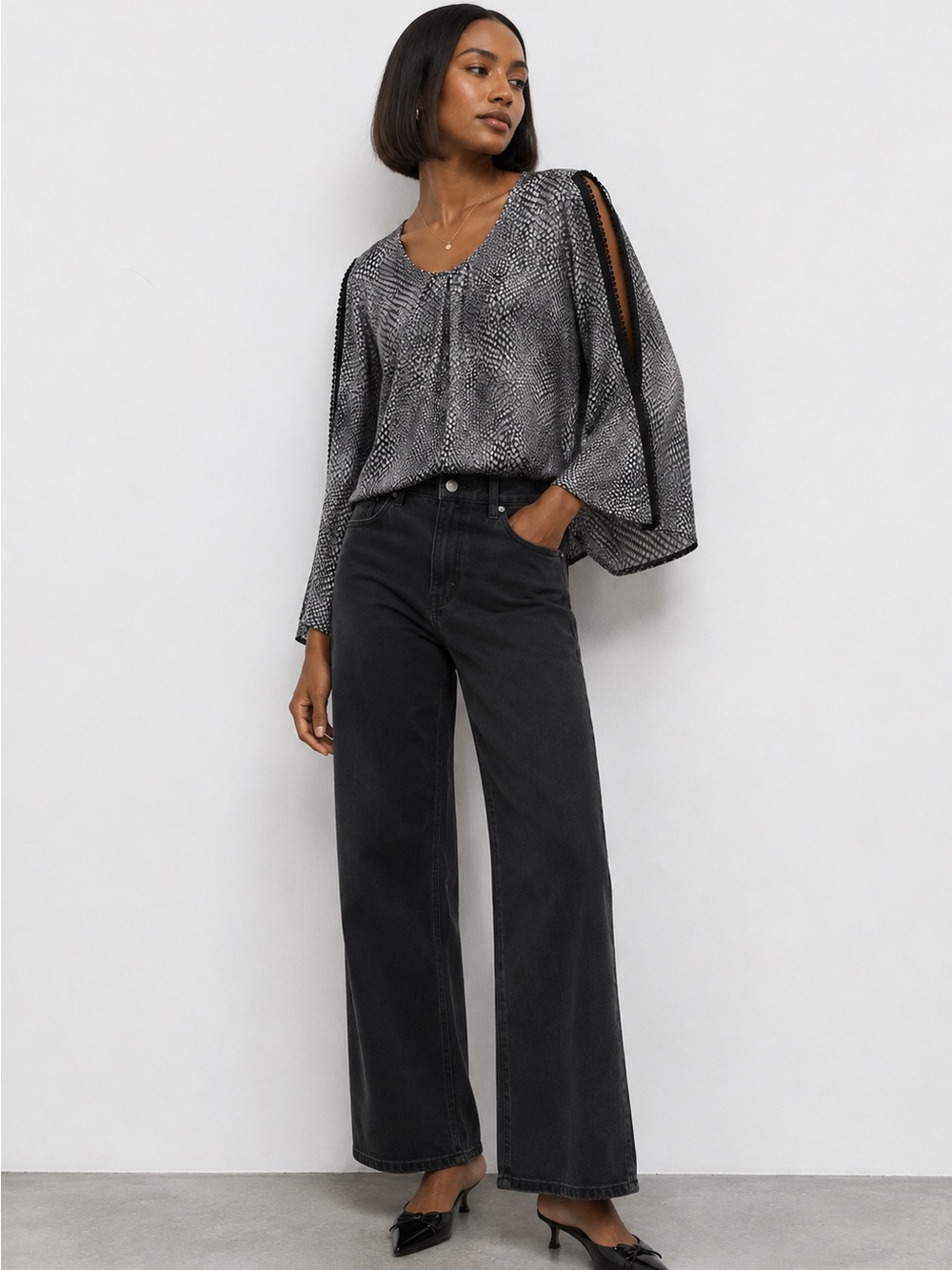 A. BYER Metallic Snake Print Split Sleeve Blouse Office Glam Neutral Size Medium